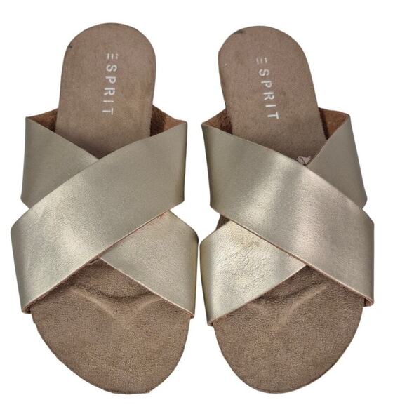 Esprit Gold Leather Criss Cross Gold Slide Sandals Women 9M NWOT - Picture 1 of 5